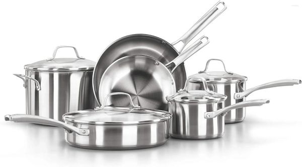 Ensembles de batterie de cuisine Calphalon Ensemble de 10 casseroles et poêles de cuisine en acier inoxydable avec poignées qui restent froides, becs verseurs, lavable au lave-vaisselle