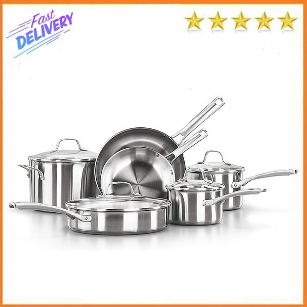 Juegos de utensilios de cocina Juego de ollas y sartenes Calphalon de 10 piezas, utensilios de cocina de acero inoxidable con asas que se mantienen frescas y boquillas vertedoras, apto para lavavajillas 231214