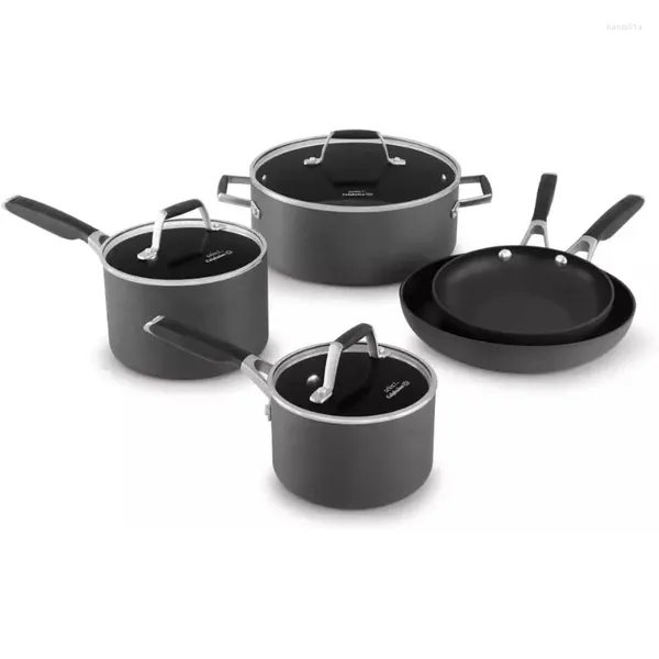 Juegos de utensilios de cocina Juego de ollas y sartenes Calphalon de 8 piezas Cocina antiadherente con mangos de acero inoxidable que se mantienen frescos (seleccionados) Gris