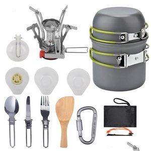 Cookware Sets Cam Set Portable Hiking Picnic Mini Gas Stove Tableware Pot Pan 1-2Persons Outdoor Travel Supplies Drop Delivery Home Dhlij