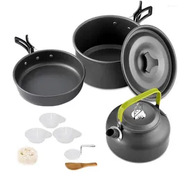 Juegos de utensilios de cocina para acampar, juego de utensilios de cocina portátiles antiadherentes de aluminio para exteriores, hervidor de agua, juego de cocina, sartén, tazón para senderismo, barbacoa y Picnic