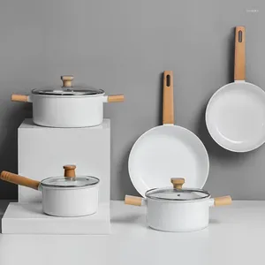 Kookgerei Sets Dubbelzijdige keramische antiaanbakpan Japanse stijl Witte houtnerf Soep Drie koekenpancombinaties Koken met antiaanbaklaag