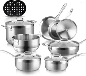 Juegos de utensilios de cocina Juego de inducción de acero inoxidable de tres capas con revestimiento entero Duxtop, ollas y sartenes de cocina de 14 piezas, olla para cocinar