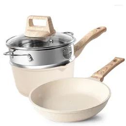 Ensembles de cuisine à frire Set Not Stick White Maifan Stone Kitchen Soup Pot Pot Milk Double Chaudière avec couvercle de couvercle en verre Saucette