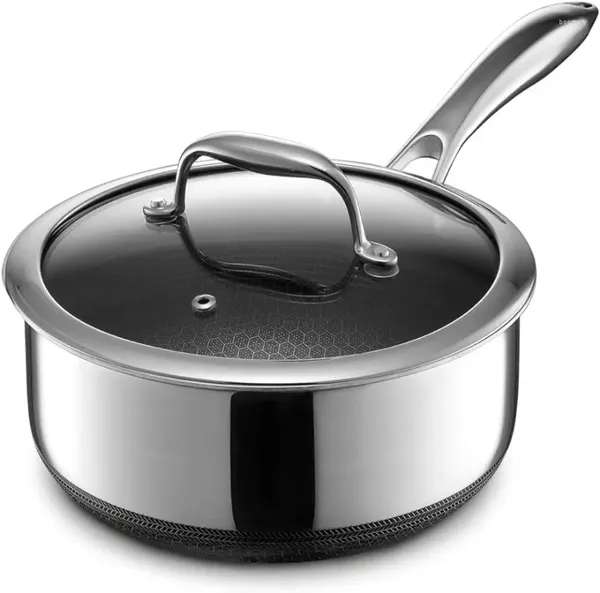 Batterie de cuisine Casserole antiadhésive hybride HexClad de 3 litres avec couvercle en verre trempé, poignée qui reste froide, passe au lave-vaisselle, prête à l'induction