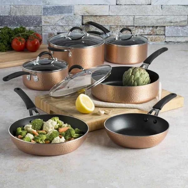 Les ustensiles de cuisine définissent les impressions en aluminium antiadhésif en aluminium martelé en cuivre 10 pièces de cuisine et casseroles