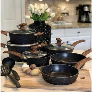 Induction de coffre-cuisson - Pan de cuisson à 12 pièces Ensemble de casseroles et de casseroles antiadhésives en granit noir en granit