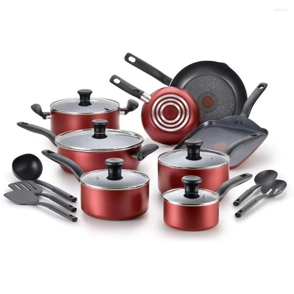 Juegos de utensilios de cocina Initiatives Juego antiadherente 18 piezas Apto para horno 350F Ollas y sartenes Lavavajillas Rojo