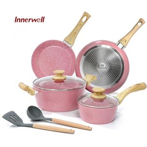 Juegos de utensilios de cocina Innerwell 4 piezas de cocina olla cacerola juegos de cacerolas antiadherentes tapa de vidrio libre de toxinas utensilios de cocina de piedra de granito compatibles con todas las estufas 231211