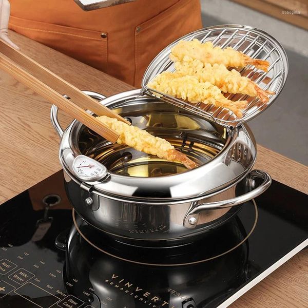 Juegos de utensilios de cocina Olla para freír japonesa con tapa, sartén Tempura de cocina de acero inoxidable 304 sin aceite