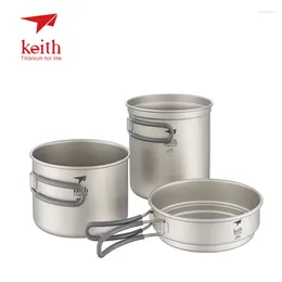 Kookgerei Sets Keith 3 stks/set Keuken Kookpotten Ultralight Titanium Kom Koekenpan Met Opvouwbare Handvat Ti6014