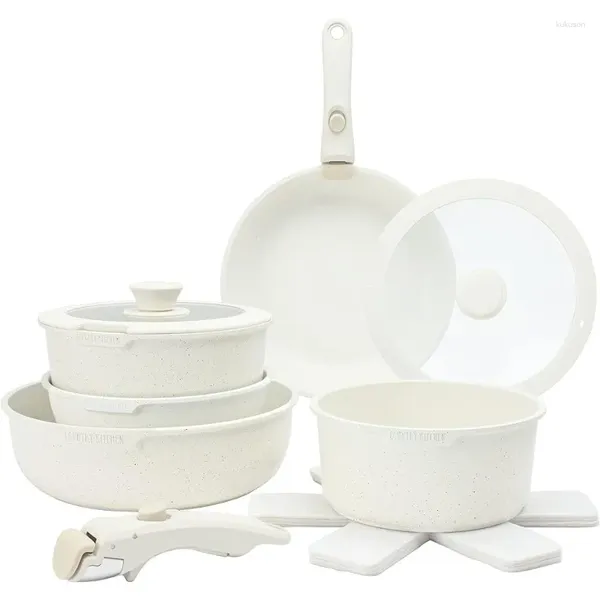 Batterie de cuisine Ensemble de 13 casseroles et poêles de cuisine – Antiadhésif sûr avec poignée amovible pour four RV (crème)