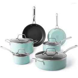 Martha Stewart Lockton Ensemble de casseroles et poêles antiadhésives de qualité supérieure en aluminium épais, 10 pièces, bleu US