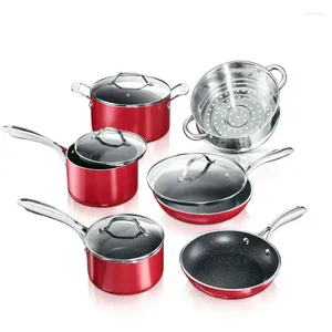 Batterie de cuisine Ensemble de casseroles et poêles antiadhésives Durabilité ultime avec diamant minéral triple revêtement rouge