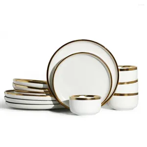 Juegos de utensilios de cocina, juego de vajilla de porcelana de 12 piezas, servicio para 4 platos con borde blanco, negro y dorado, vajilla de cerámica al por mayor