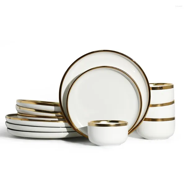 Juegos de utensilios de cocina, juego de vajilla de porcelana de 12 piezas, servicio para 4 platos con borde blanco, negro y dorado, vajilla de cerámica al por mayor