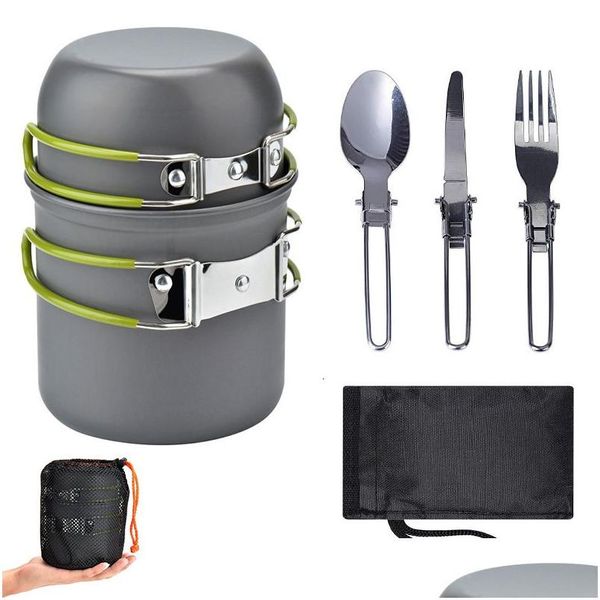 Ensembles de batterie de cuisine Portable Cam Set Hangable Outdoor Summer Vaisselle en acier inoxydable Bouilloire gainée 12 personnes Boîte de couleur Emballage Drop Dhehi