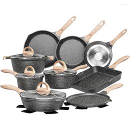 Batterie de cuisine, ensemble de casseroles et poêles antiadhésives, 23 pièces, cuisine saine, cuisson à Induction avec casseroles à frire en pierre de granit gris