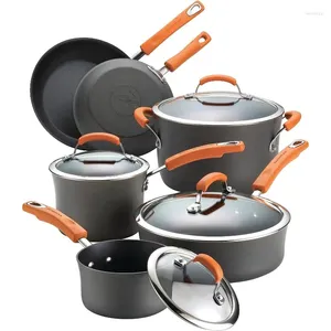 Kookgereisets Rachael Ray Brights hardgeanodiseerd aluminium anti-aanbakset met glazen deksels 10-delige pot en pan grijs