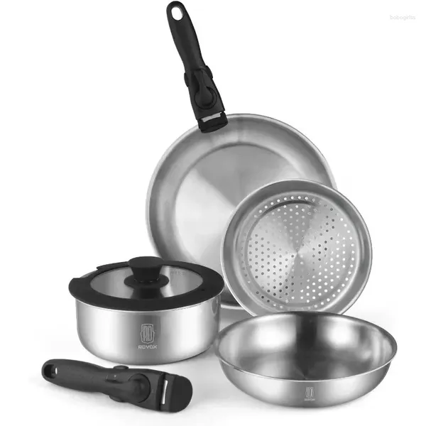 Ensembles de batterie de cuisine ROYDX Pots et poêles Set 10 pièces Cuisine en acier inoxydable Poignée amovible pour tous les poêles Convient à la maison RV Camping