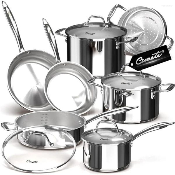 Ensembles d'établissement de cuisine pots et casseroles en acier inoxydable 11-PC avec insert à vapeur