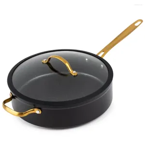 Ensembles de batterie de cuisine Table de thym antiadhésive 5 pintes sauteuse en or avec couvercle en verre ensemble de casseroles antiadhésives cuisson des aliments cuisine