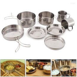 Conjuntos de utensilios de cocina YOMDID 8PCS Ollas de cocina de acero inoxidable Pan Plato Taza de agua para picnic al aire libre Camping Escalada Cocina Juego de ollas Cocina