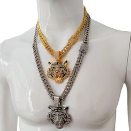 Cool 3D pleine huile tête de tigre pendentif lourd large chaîne cubaine collier à la mode discothèque personnalisé hommes 18K or solide fin