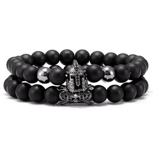 Cool 8mm Zwart Matting Steen Strands CZ Spartan Helm bedelarmband voor man vrouwen liefhebbers cadeau 2pcs set