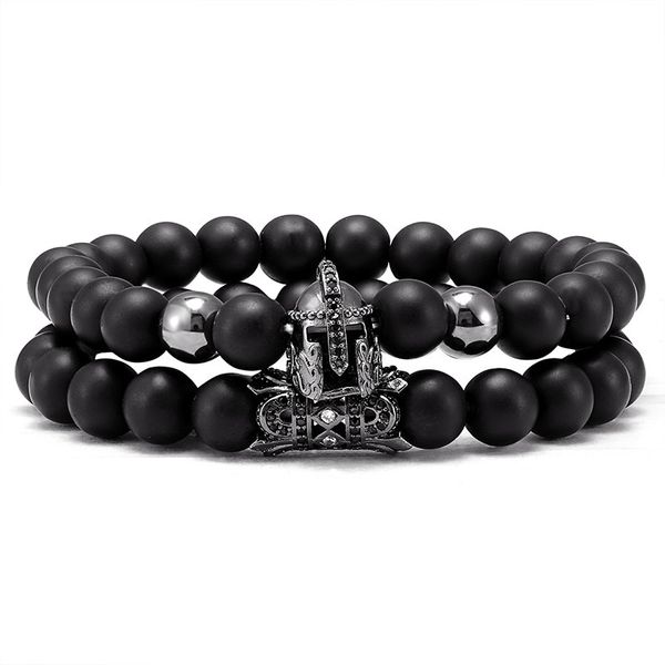 Genial pulsera con dije de casco espartano CZ con hebras de piedra mate negra de 8MM para hombre y mujer, regalo para amantes, juego de 2 uds.