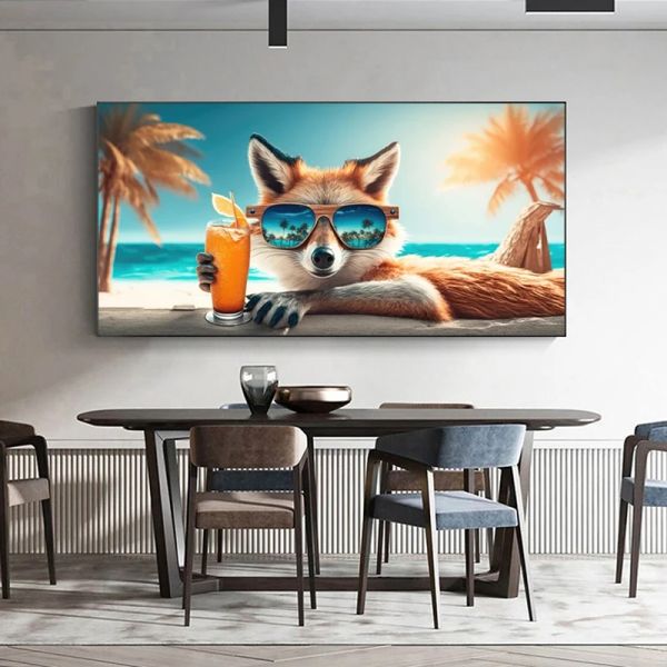 Animal cool avec lunettes de soleil affiches des images d'art mural moderne décor de la maison de plage de plage toile de paysage pour le salon pas de cadre