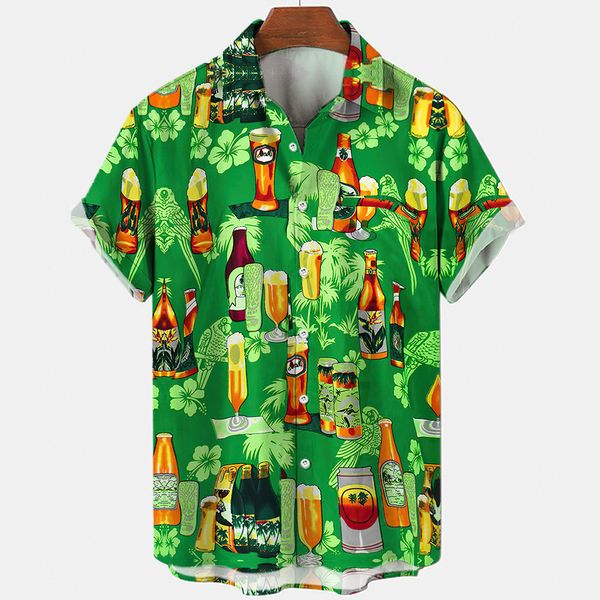 Chemises graphiques à la tasse de bière cool pour hommes Vêtements 3D Chemise de plage hawaïenne imprimée à manches courtes Y2K Tops Vintage Vêtements Blouse