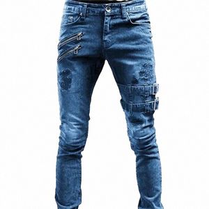 Cool Biker Style Slim Fit Jeans Hommes Casual Stretch Cott Zipper Splicing Poche Crayon Pantalon Mâle Hip Hop Quotidien Denim Pantalon P9Hf #