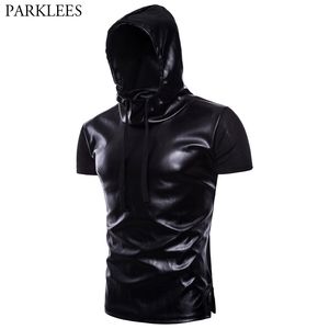 Cool Black Hoodie T-shirt Mannen Patchwork PU Lederen Mode Heren Hoodies T-shirts Hip Hop Hipster Nachtclub DJ Top Tees Camiseta 210522