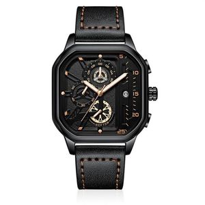 NEKTOM – montre-bracelet ajourée pour hommes, noir, à Quartz précis, bracelet en cuir, cadran carré lumineux, 300p