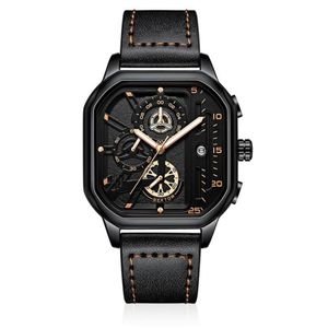 Cool Black NEKTOM Merk Hollow Out Heren Horloges Nauwkeurige Quartz Horloge Lederen Band Lichtgevende Vierkante Wijzerplaat Watches227l