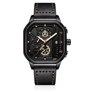 Cool Black Nektom Brand Hollow Out Mens Watches Nauwkeurige kwarts Watch lederen band Lumineuze vierkante wijzerplaat polshorloges237s