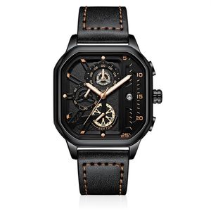 Cool Black NEKTOM Brand Hollow Out Heren Horloges Nauwkeurige Quartz Horloge Lederen Band Lichtgevende Vierkante Wijzerplaat Wristwatches238y
