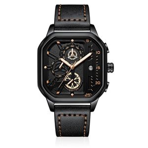 Cool Black NEKTOM Brand Hollow Out Heren Horloges Nauwkeurige Quartz Horloge Lederen Band Lichtgevende Vierkante Wijzerplaat Wristwatches255U