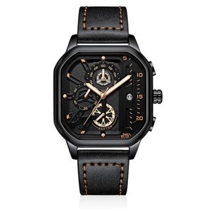 Cool Black Nektom Brand Hollow Out Mens Watches Nauwkeurige kwarts Watch lederen band Luminous Square Dial PolsWatches247E