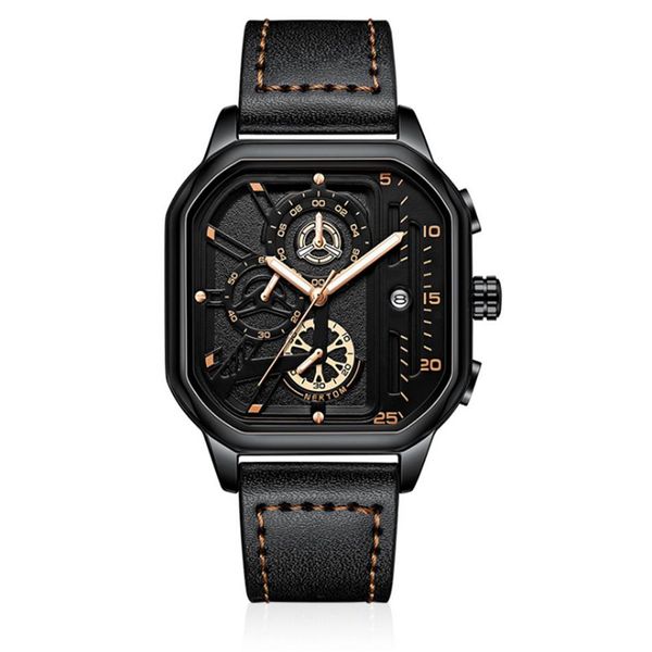 Cool Black NEKTOM marca ahueca hacia fuera los relojes para hombre reloj de cuarzo preciso correa de cuero luminosa esfera cuadrada relojes de pulsera 188B