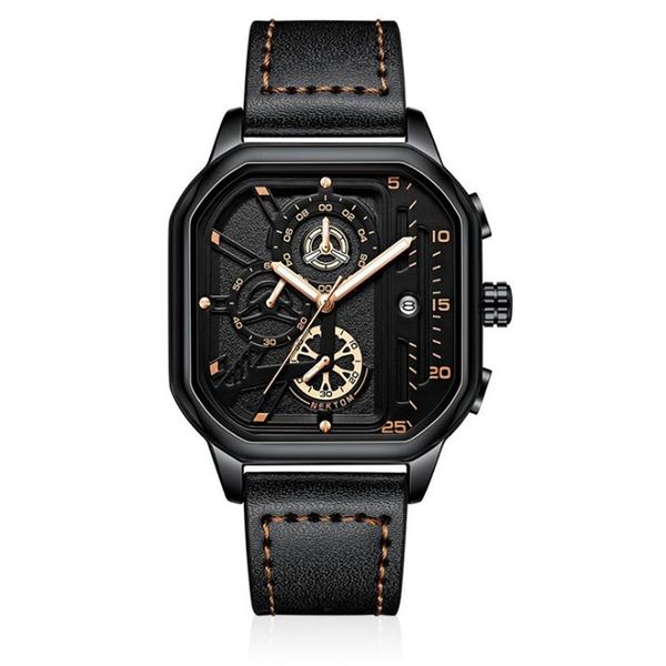 Marca de nektom negro fresco Hollow Out Mens Watches Cierro preciso Correa de cuero Correa luminosa Muñeca de pulsera Square Dial213r