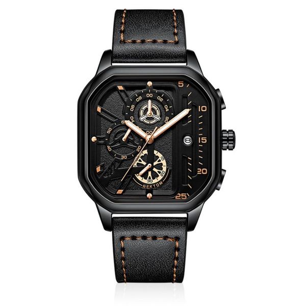 Cool Black NEKTOM Brand Hollow Out Relojes para hombre Reloj de cuarzo preciso Correa de cuero Luminous Square Dial Wristwatches308i