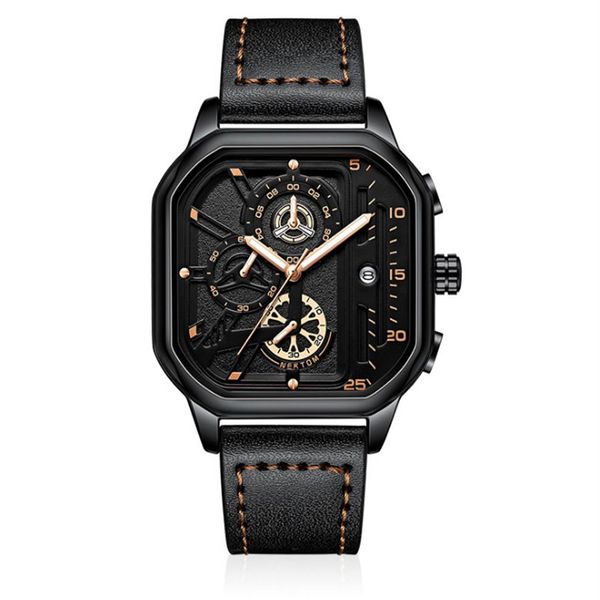 Cool Black NEKTOM Brand Hollow Out Relojes para hombre Reloj de cuarzo preciso Correa de cuero Luminous Square Dial Wristwatches264j