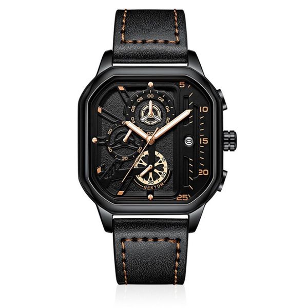 Cool Black NEKTOM Brand Hollow Out Relojes para hombre Reloj de cuarzo preciso Correa de cuero Luminous Square Dial Wristwatches218f