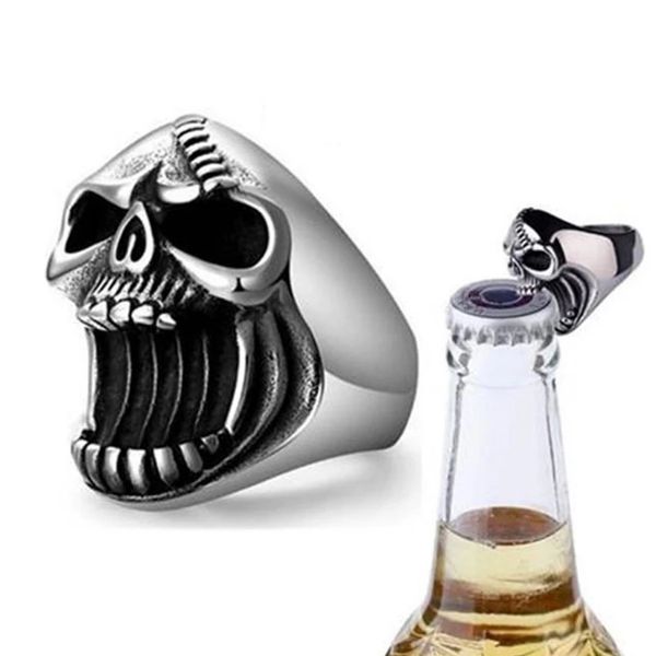 Genial anillo abrebotellas para hombres Hip-Hop, anillos de calavera de Metal para hombres, anillo de calavera con cabeza de fantasma, accesorios de joyería de motorista gótico Punk Rock