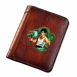Cool Bruce Lee Drag Cover Genuine Leather Men billeteras Soporte de tarjetas cortas Purse Trifold Men's Billet F58U#