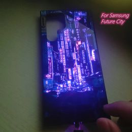 Cool City Sound Control Luminous Phone Case voor iPhone 12 13 Mini 14 11 Pro Max XR XS Max X 7 8 LED Glitter gehard glas Capa