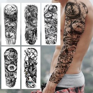 Genial brújula manga de tatuaje temporal para hombres adultos realista falso samurái Lobo Rosa tatuaje pegatina Extra grande brazo completo tatuaje