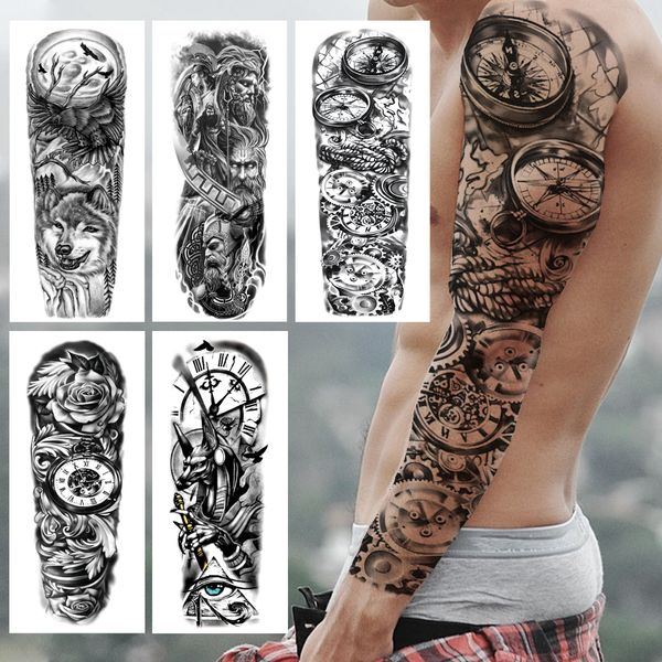 Cool boussole temporaire tatouage manchon pour hommes adultes réaliste faux samouraï loup Rose tatouage autocollant Extra Large bras complet Tatoo